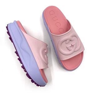 Gucci Pink Purple Interlocking G Sandals Logo Platform Rubber Slides Sz 41 / 11